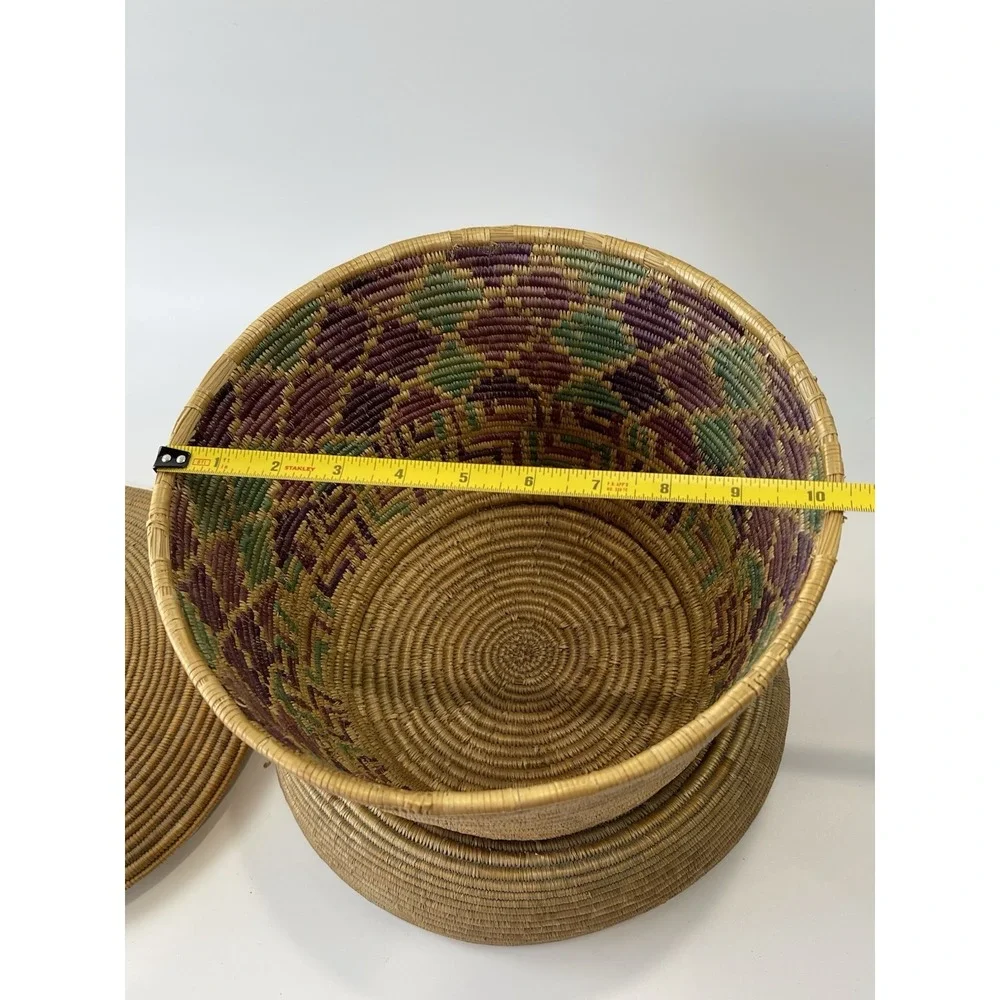 Vintage African Style Handwoven Coil Lidded Basket W/ Colorful Interior Design